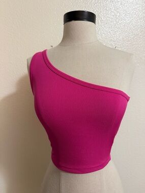 One-Shoulder Ribbed Crop Top in Hot Pink